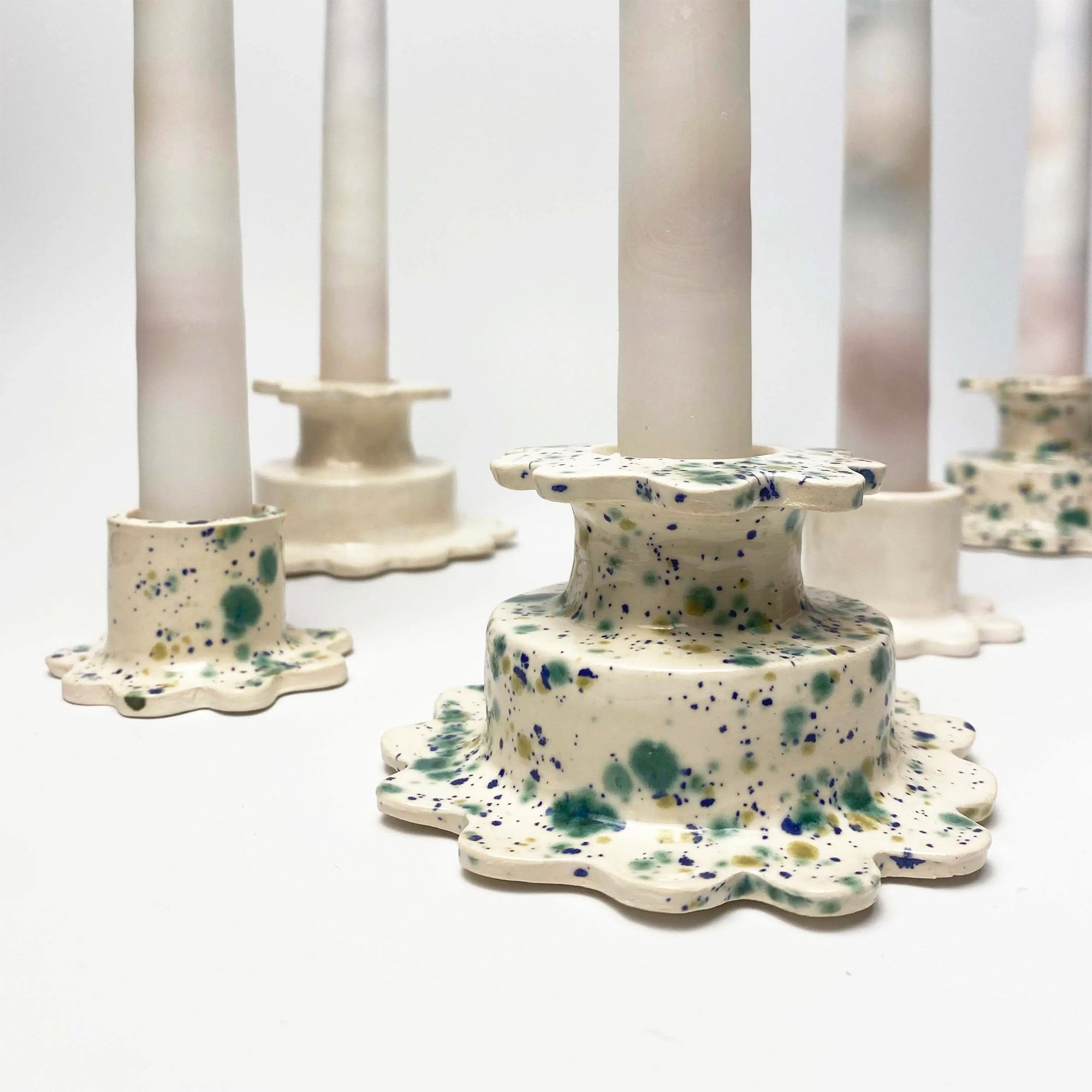 Fooshoo Ceramic Candlestick Holder -Medium- "Green Speckle"