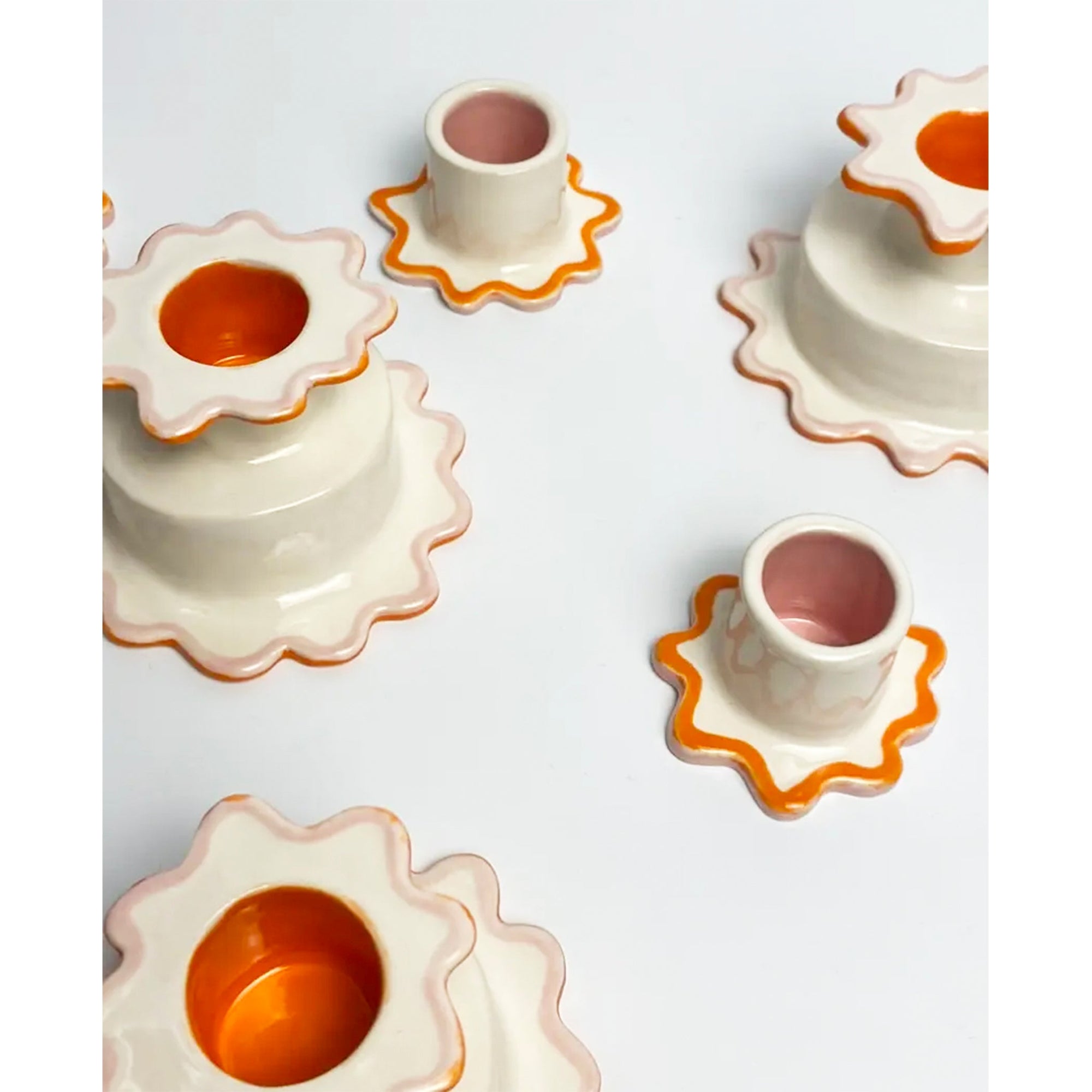 Fooshoo Ceramic Candlestick Holder - Medium - "Pink & Orange Border"