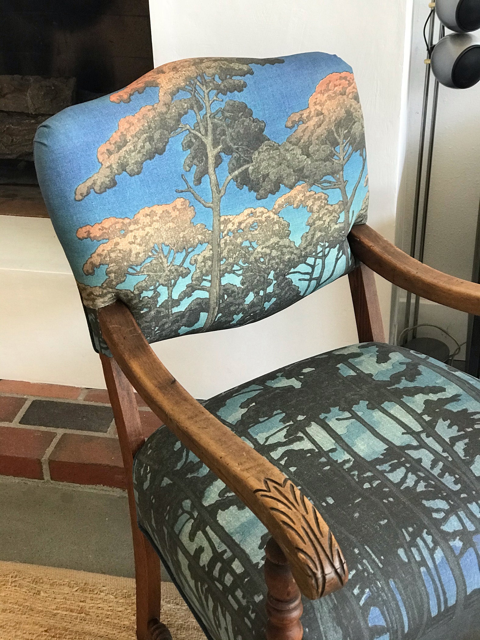 Antique Wood Frame Chair with Custom Printed Tree Upholstery