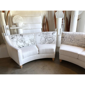 Curved White Sectional Sofa with Custom Printed Leo Gestel Upholstery