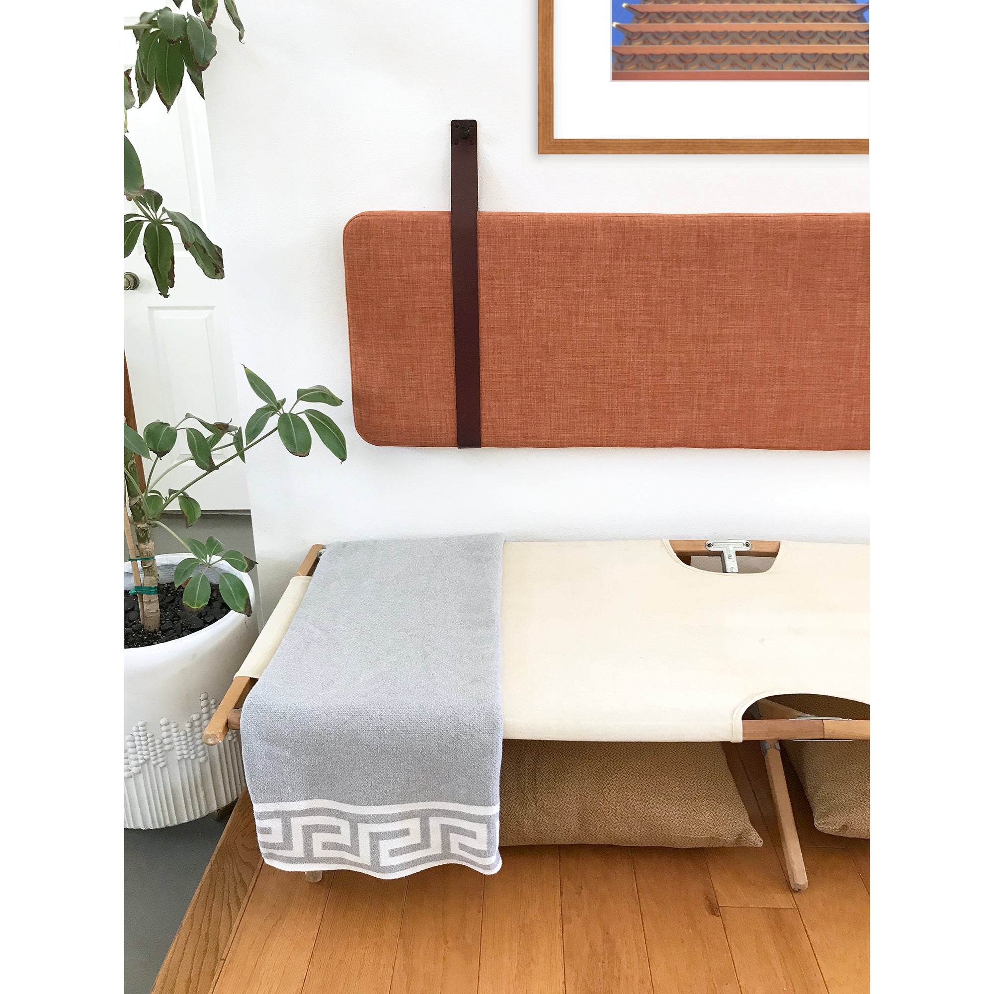 Terracotta Performance Linen - Wall Hung Headboard Cushion with Leather Straps - Multiple Sizes
