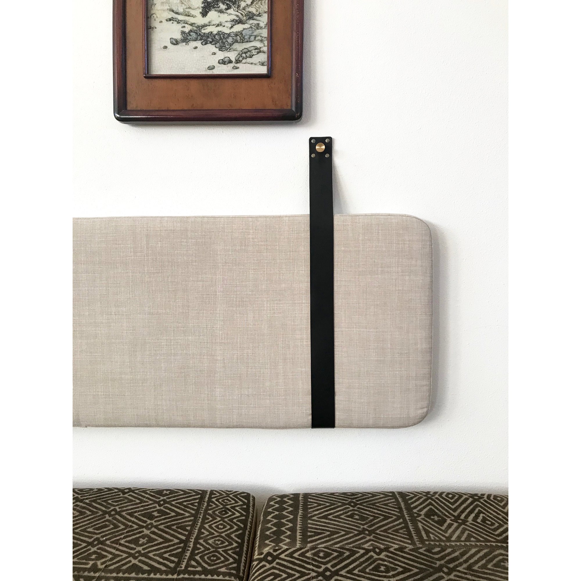 Beige Performance Linen - Wall Hung Headboard/Backrest Cushion with Leather Straps