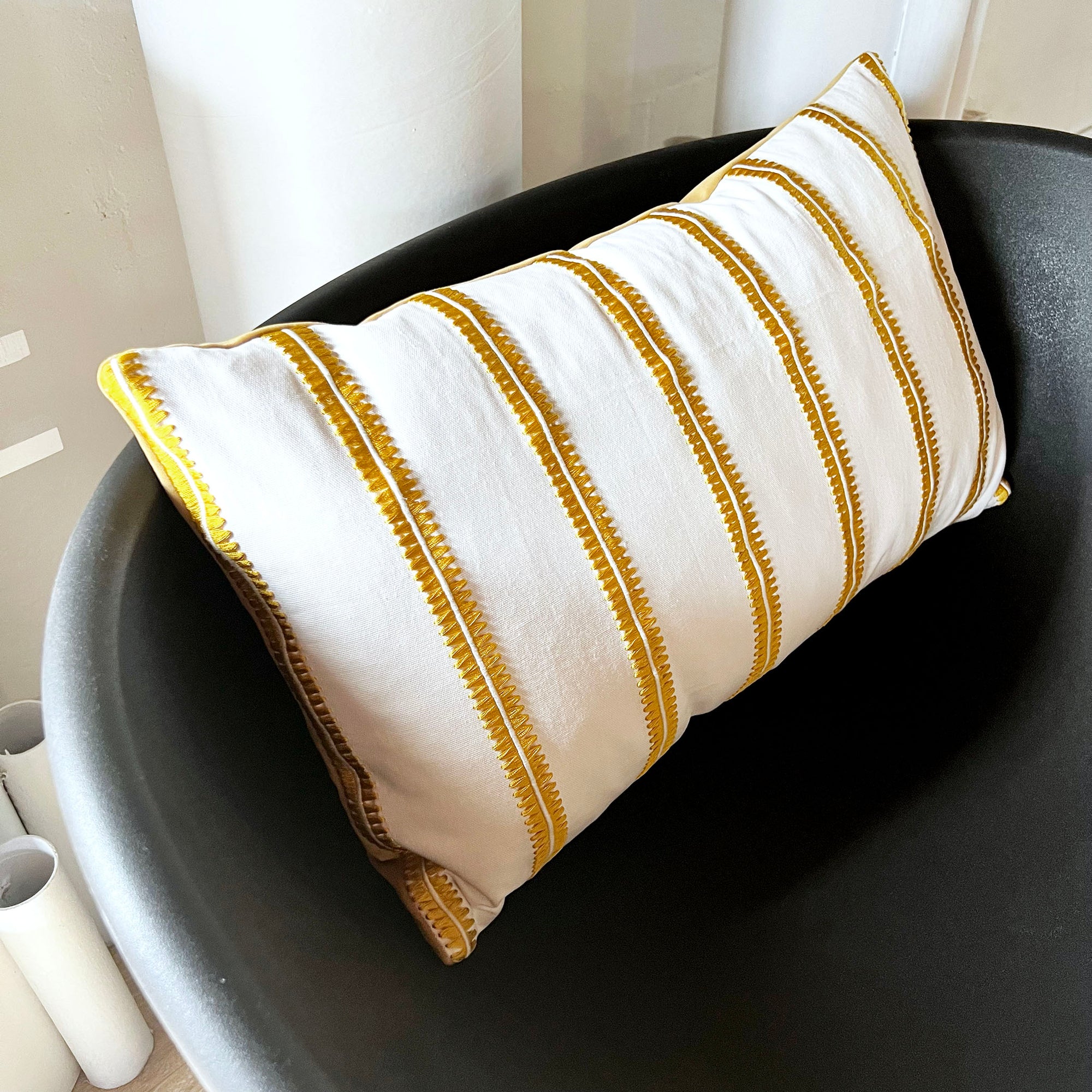 15x25 Lumbar - Pillow Cover - Mustard Embroidered Stripes