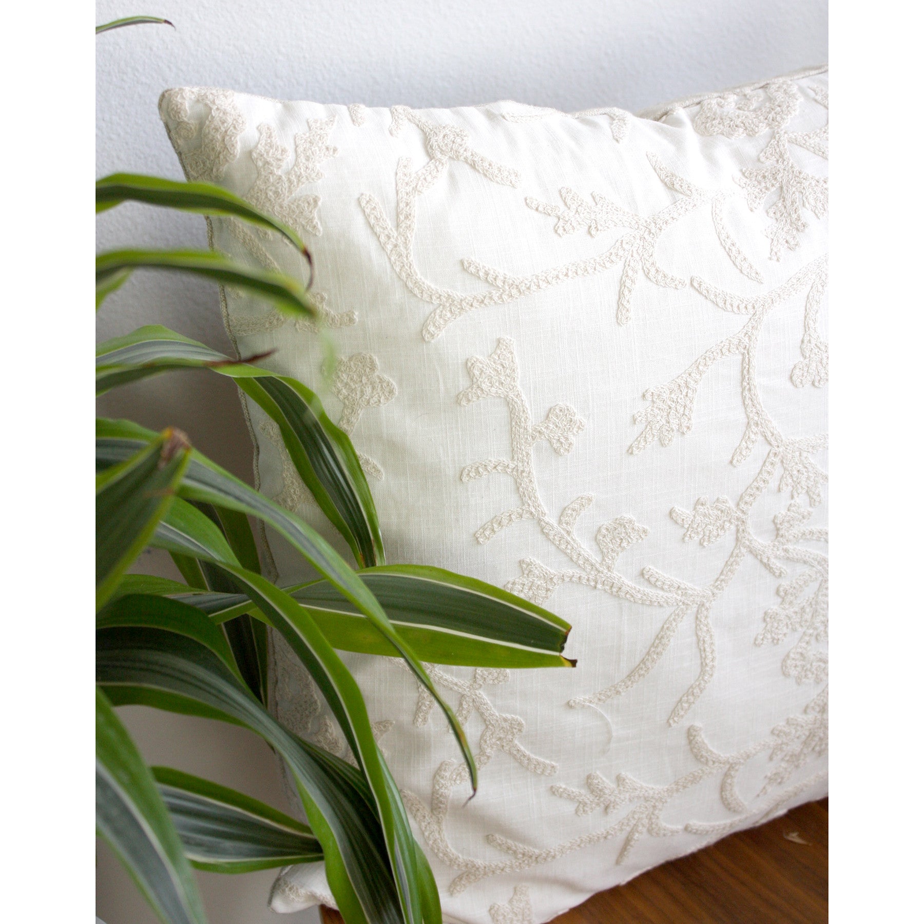 Boho Crewel Embroidered Pillow Cream and White