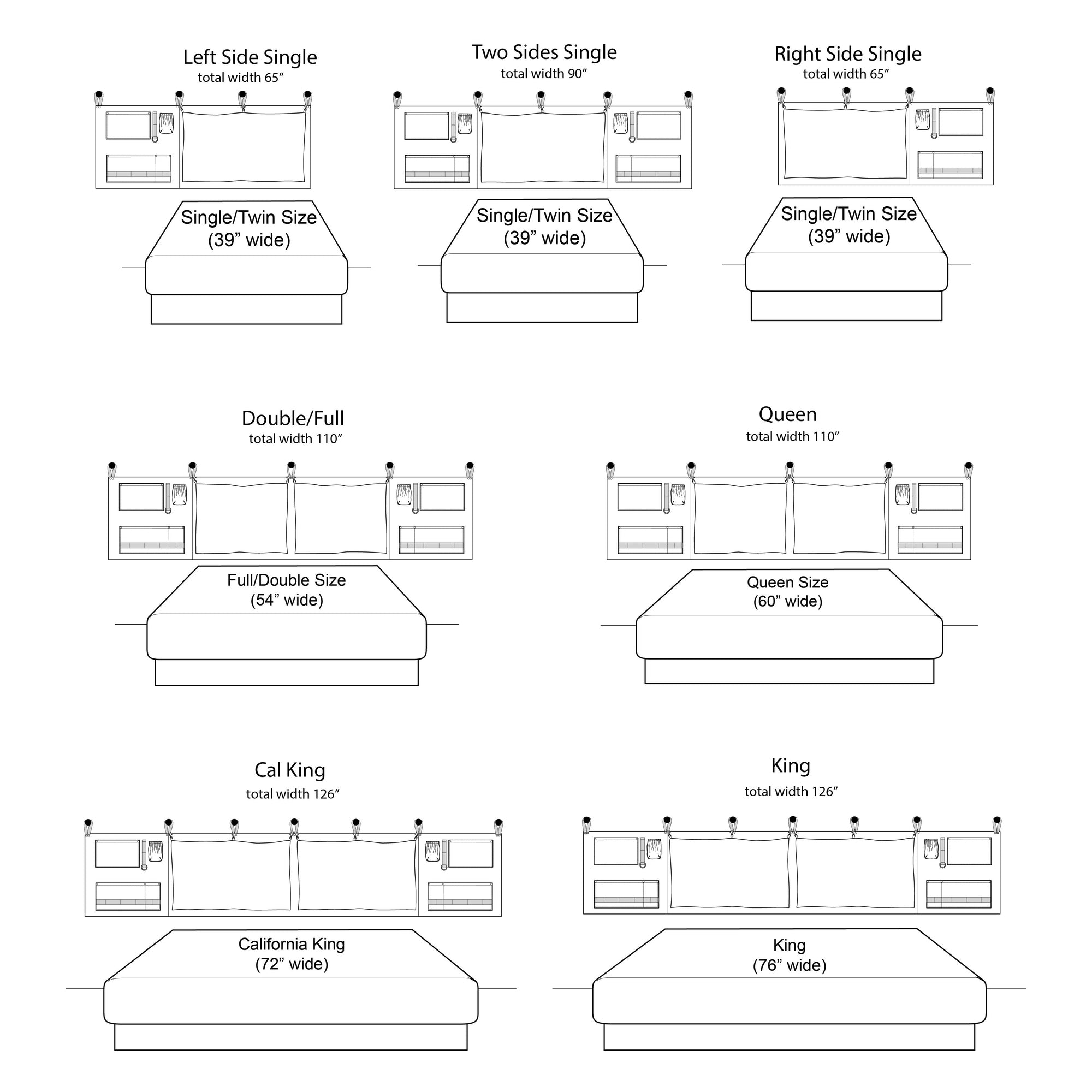Tech line art drawings of options and sizes when choosing the right scout headboard for your room.