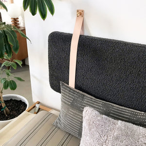 Gray Faux Shearling - Wall Hung Headboard Backrest Cushion with Leather Straps