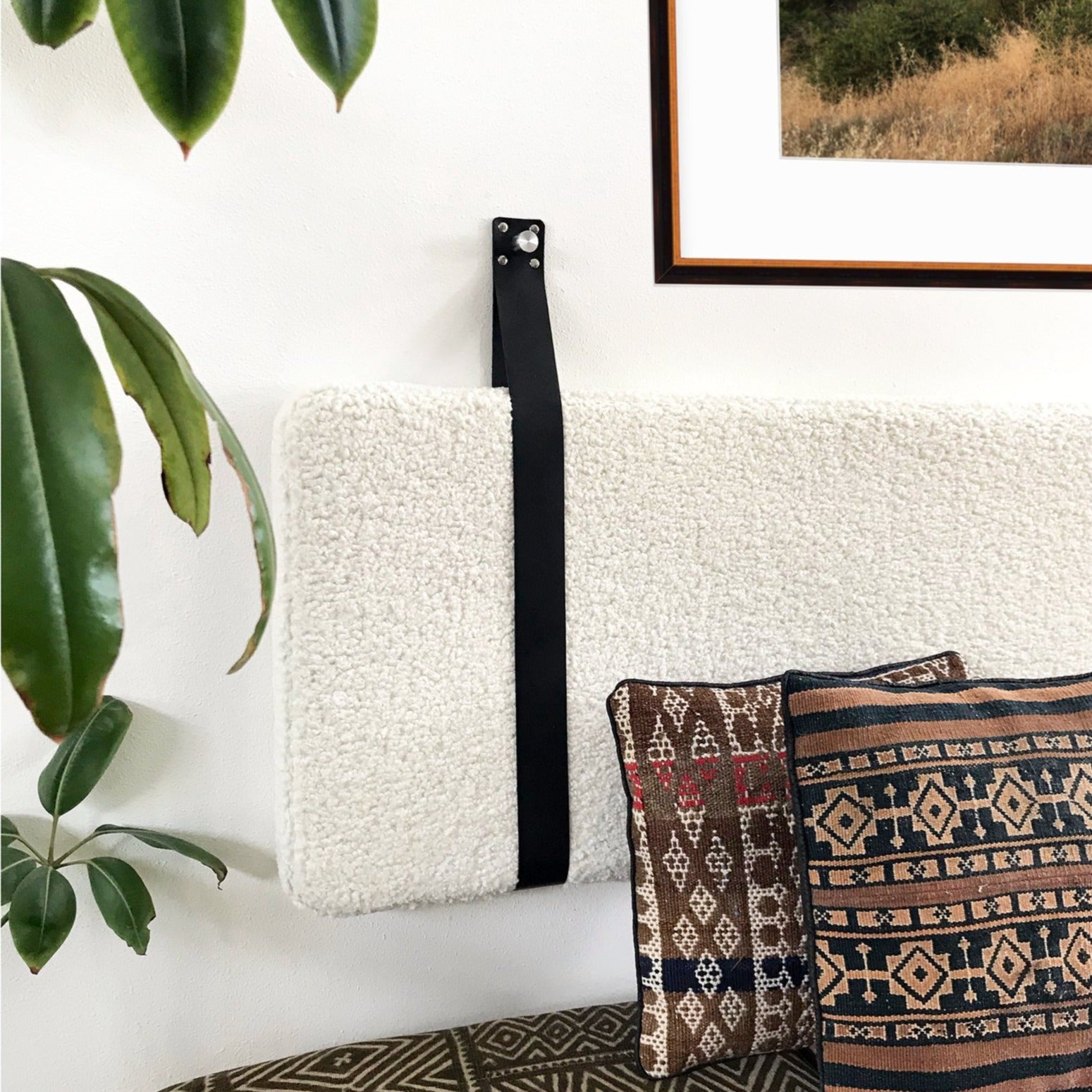 Off White Faux Shearling - Wall Mounted Headboard Backrest Cushion with Leather Straps - Multiple Sizes