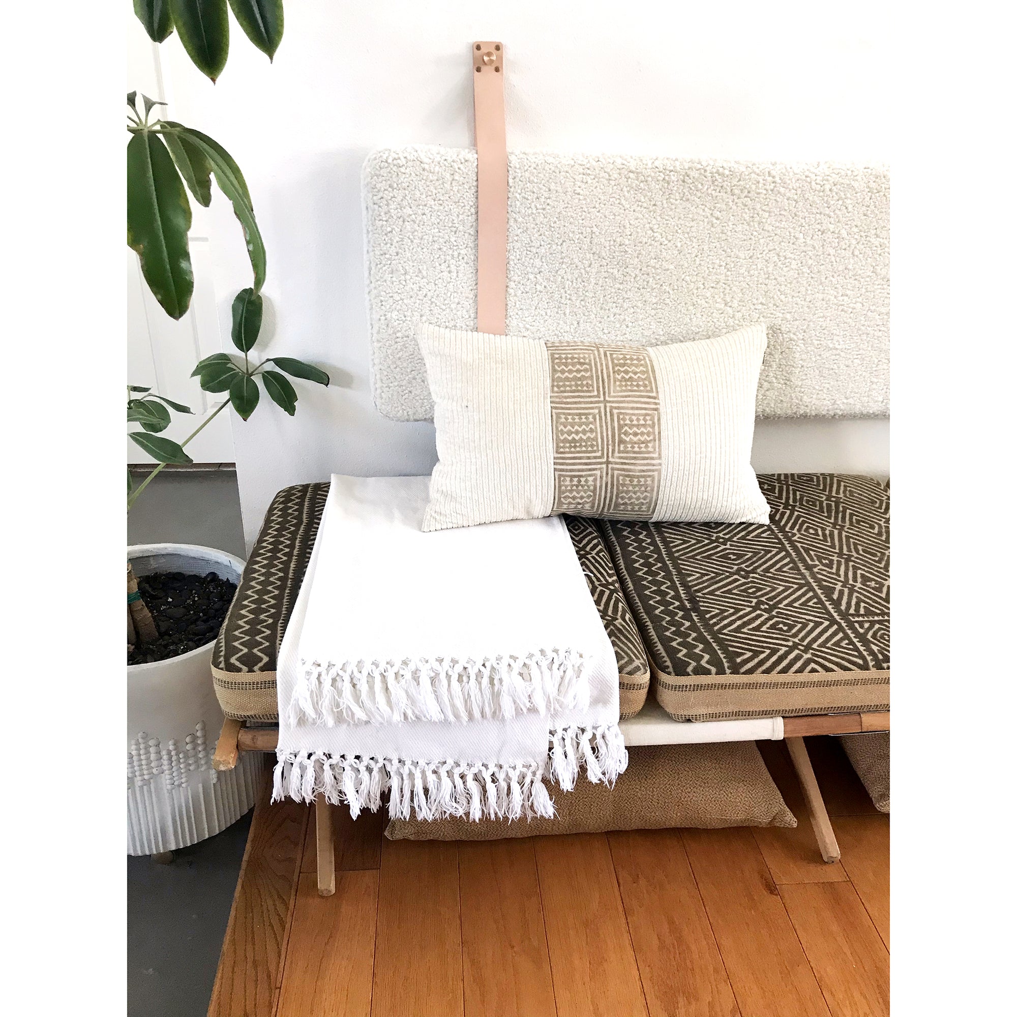 Off White Faux Shearling - Wall Mounted Headboard Backrest Cushion with Leather Straps - Multiple Sizes