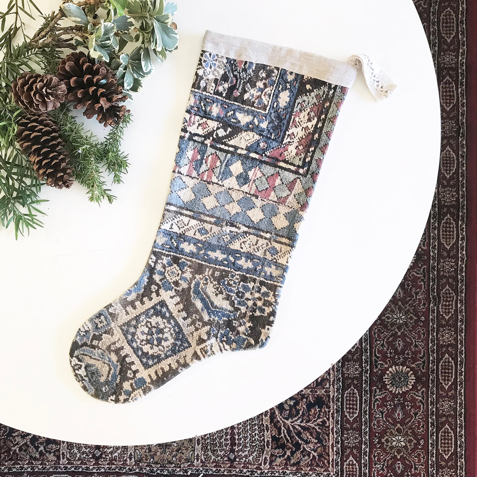 Blue & Beige Antique Rug Print Christmas Stocking