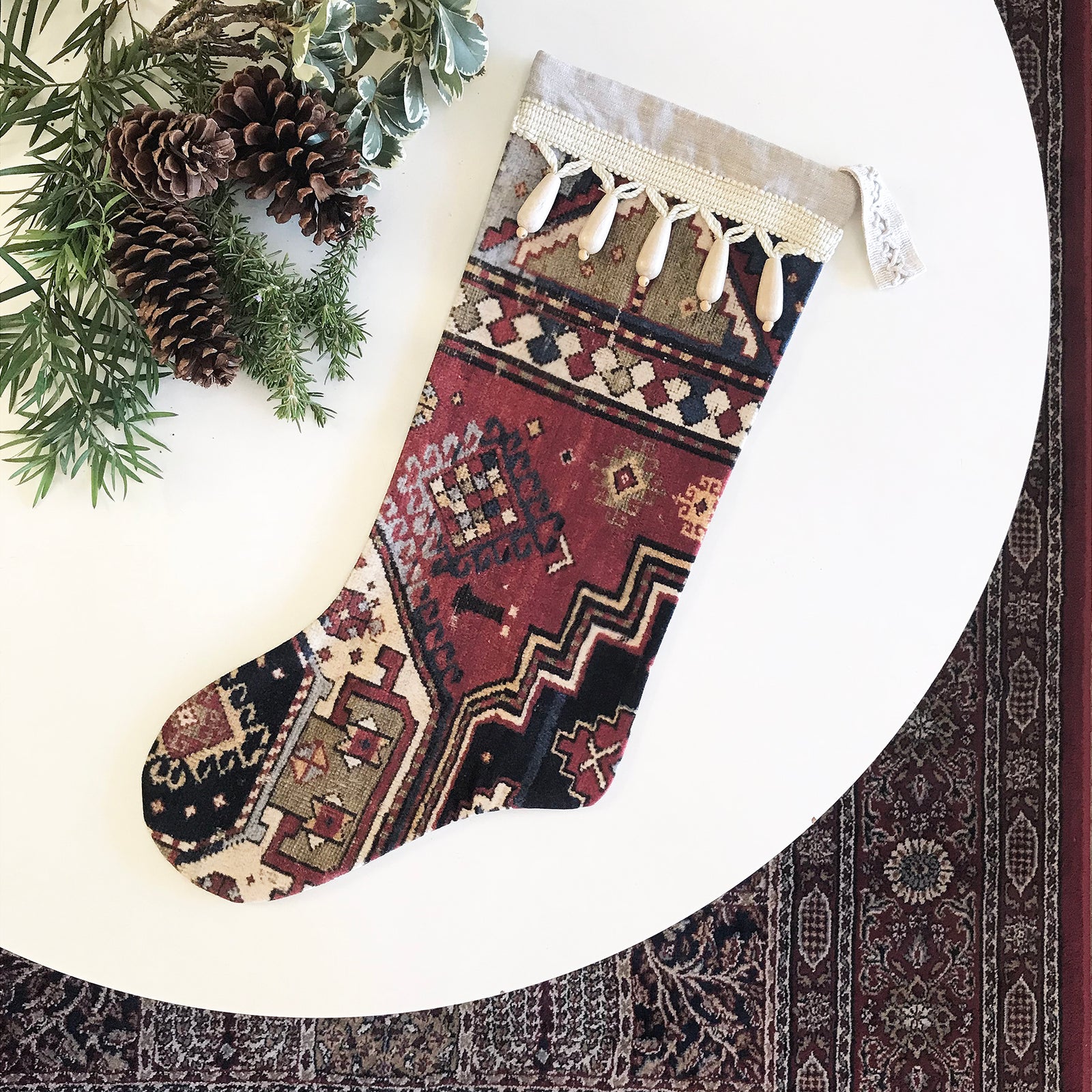 Red & Navy Antique Rug Print Christmas Stocking with Wood Tassels