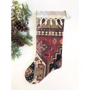 Red & Navy Antique Rug Print Christmas Stocking with Wood Tassels