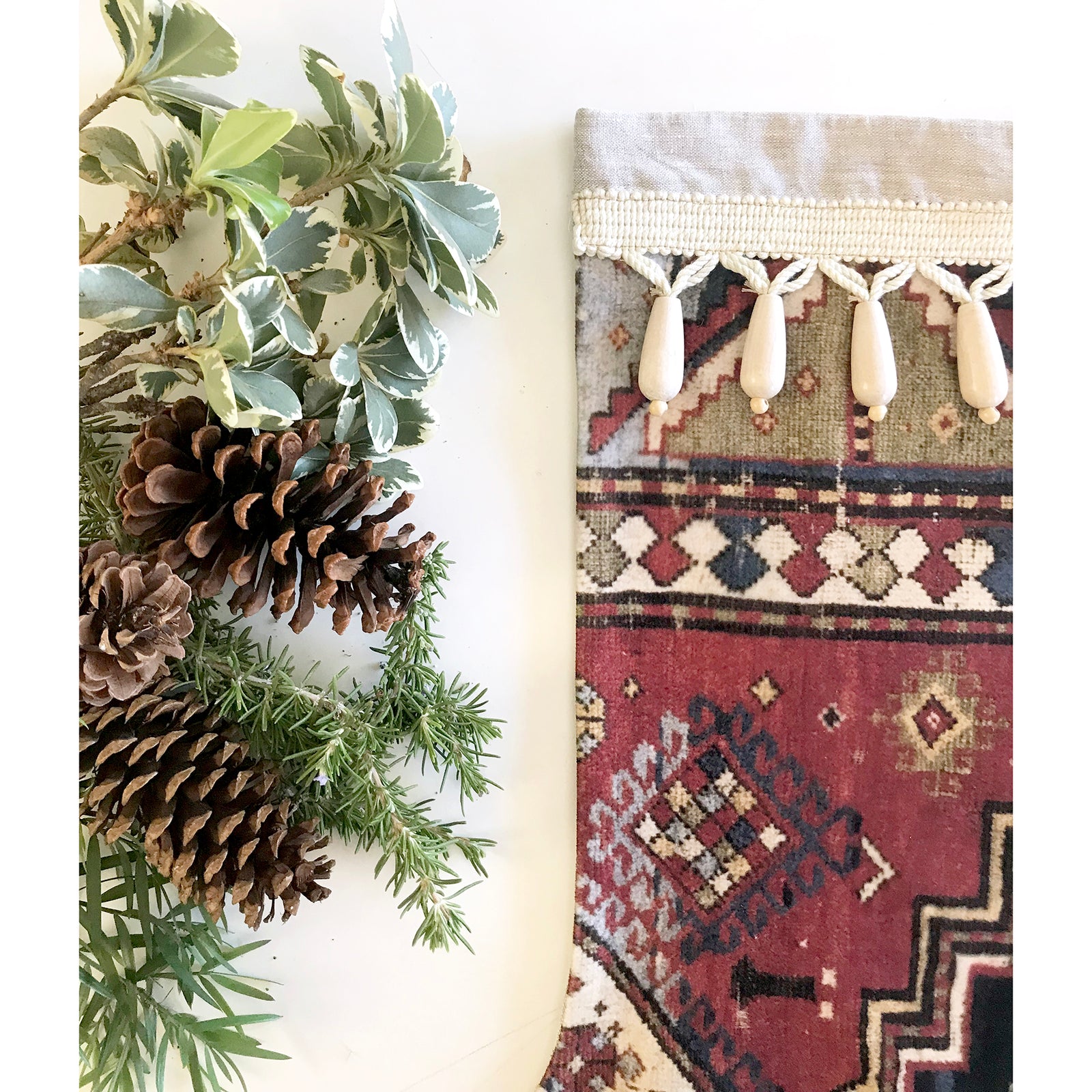 Red & Navy Antique Rug Print Christmas Stocking with Wood Tassels