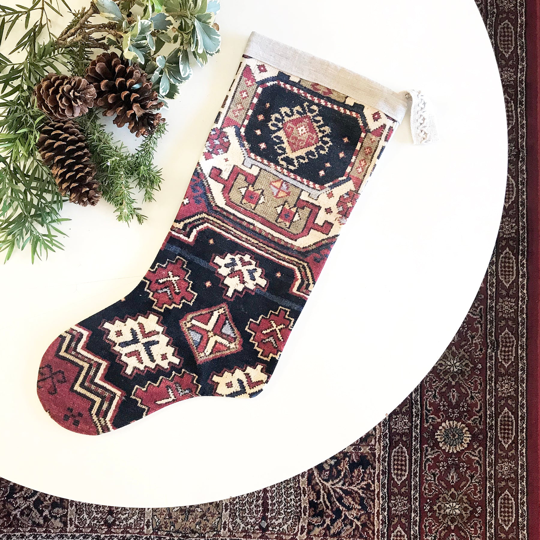 Red & Navy Antique Rug Print Christmas Stocking