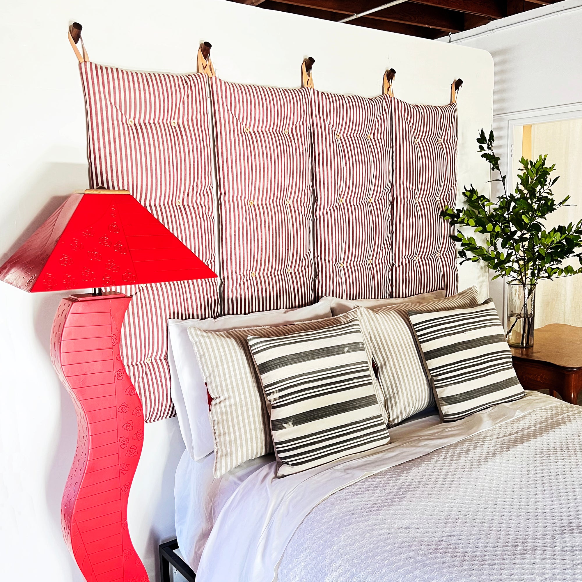 The Tuft Wall Cushion System - Tomato Red & Off White Stripe