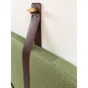 Moss Green Smooth Tweed - Wall Hung Headboard Cushion with Leather Straps - Multiple Sizes